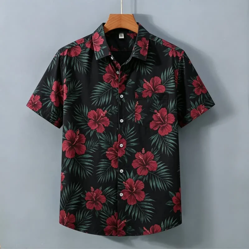 

Men's Tropical Plant Floral Printed Short Sleeved Shirt With pockets, For Pool parties, Themed events, And Daily Wear