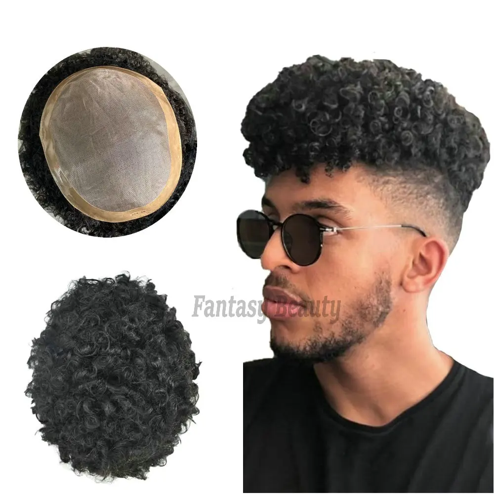 Toupet Invisible Mono Lace Skin pour Homme, Base en PU, Perruques Homme, Prothèse de Remplacement Bouclée Profonde, Marron et Noir, 100% Cheveux Humains, 15mm, 20mm