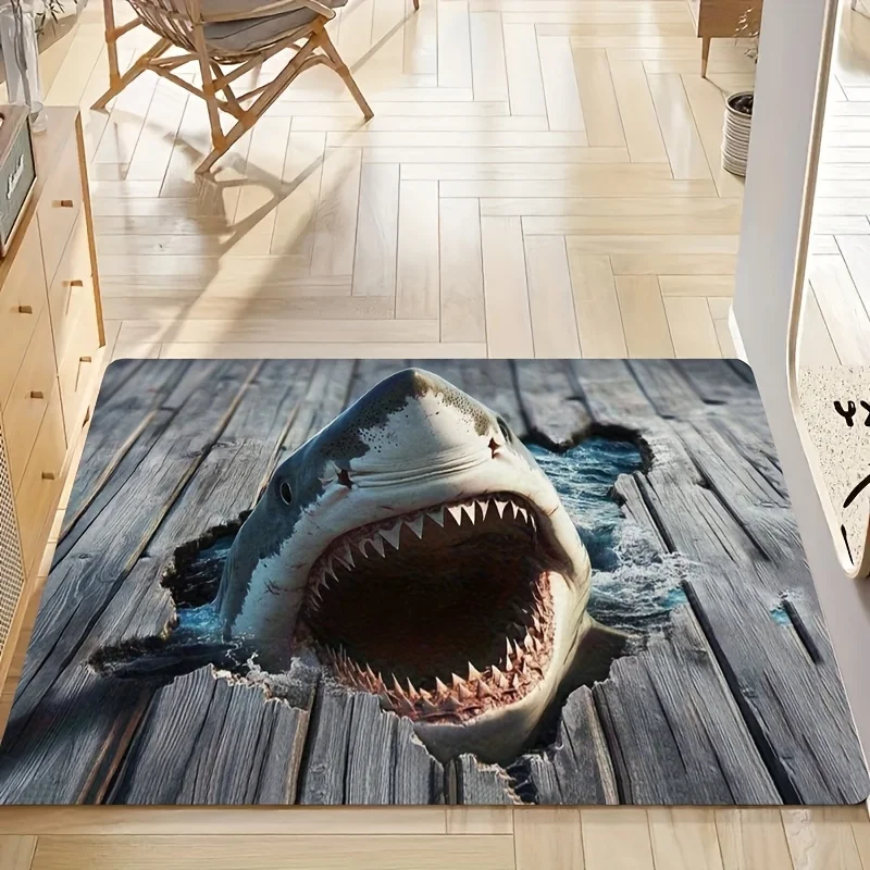 3D Great White Shark Optical Illusion Doormat Non Slip Flannel Rug for Entryway Bedroom Bathroom Farmhouse Decor Durable Mat