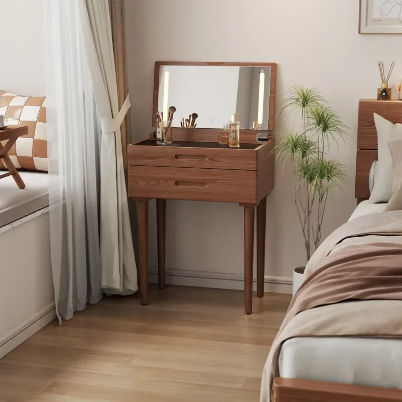American Modern Style Solid Wood Clamshell Dresser with LED Mirror Light 3 Color Modes Adjustable Brightness Slim Design
