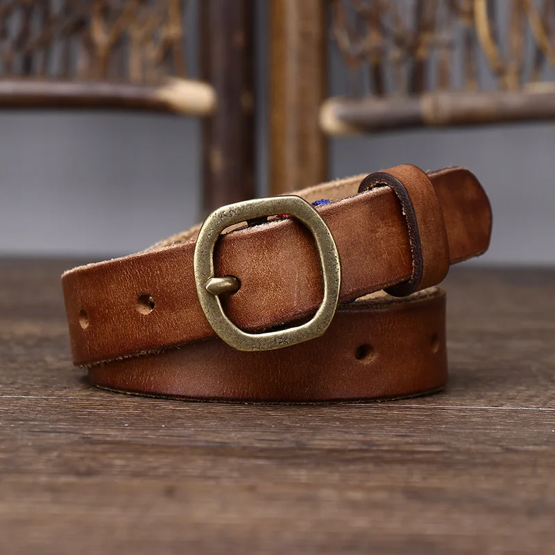 2.3cm Retro Thin Belts For Women Genuine Leather Top Layer Cowhide Brass Pin Buckle Wild Style Women's Narrow Belts