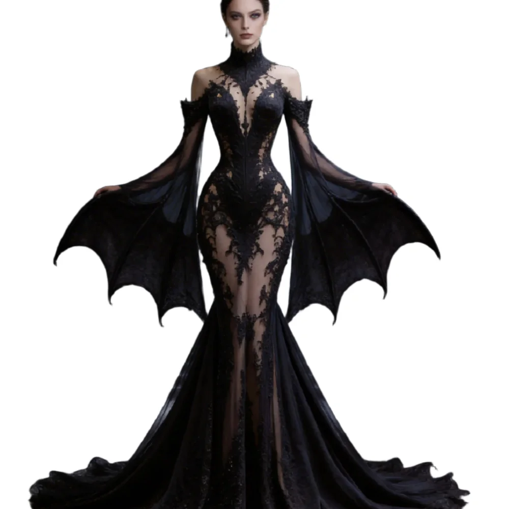 Unique Mermaid Black Gothic Wedding Dress With Batwing Sleeve Vintage Vampire Costume Halloween Bridal Gowns 2026 Celtic nuptial