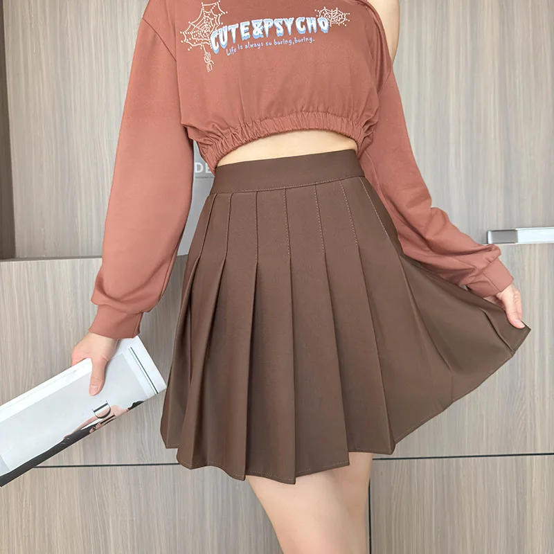 Pleated Skirt Elastic Waistband Preppy Style Skirt with Pockets Casual Summer Fashion Sweet Hottie College JK Black Women Skirt