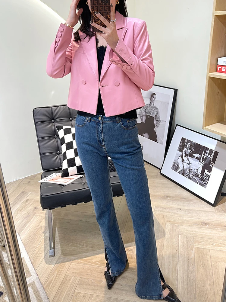 Suit Leather Jacket For Women 2023 Female 100% Sheepskin Lined Suit Collar Slim Short Quilted Coats Retro OL Sobretudo Feminino