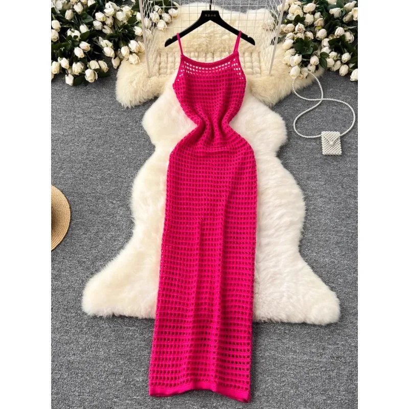 Holiday Hollow-out Mesh Sling Sexy Knit Dress Women Summer New Fashion Stacked Wear Outer Lining Midi Slim-fit Vest Blouse Dress