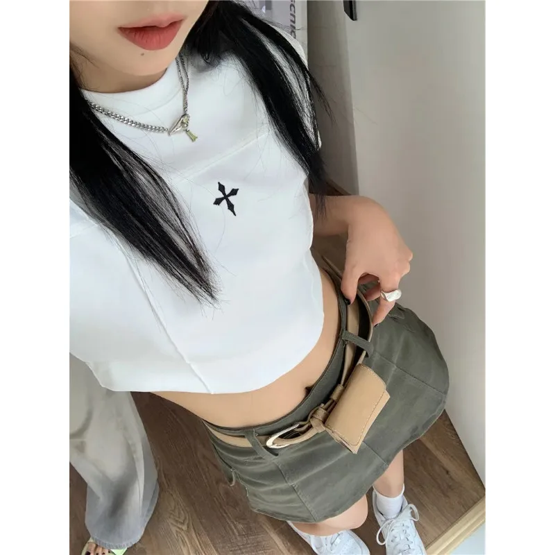 

Korean Streetwear Y2k Cross Crop T-shirts Women Kpop Vintage Slim White Short Sleeve Top Hippie Harajuku Tee Female