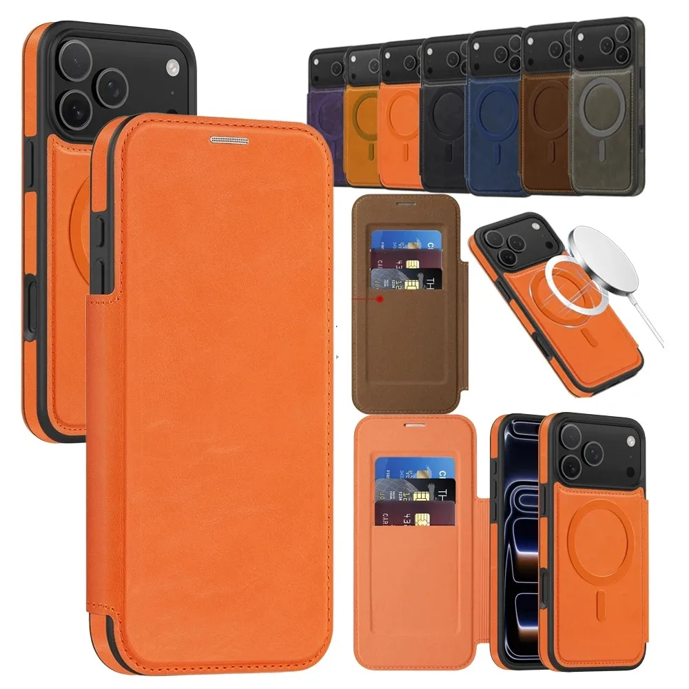 

Stand Wireless Charging Flip Purse Case for iphone Air 17 Promax 16 Plus 15 14 Pro Max 13 Magnetic Leather Case Cards Slot
