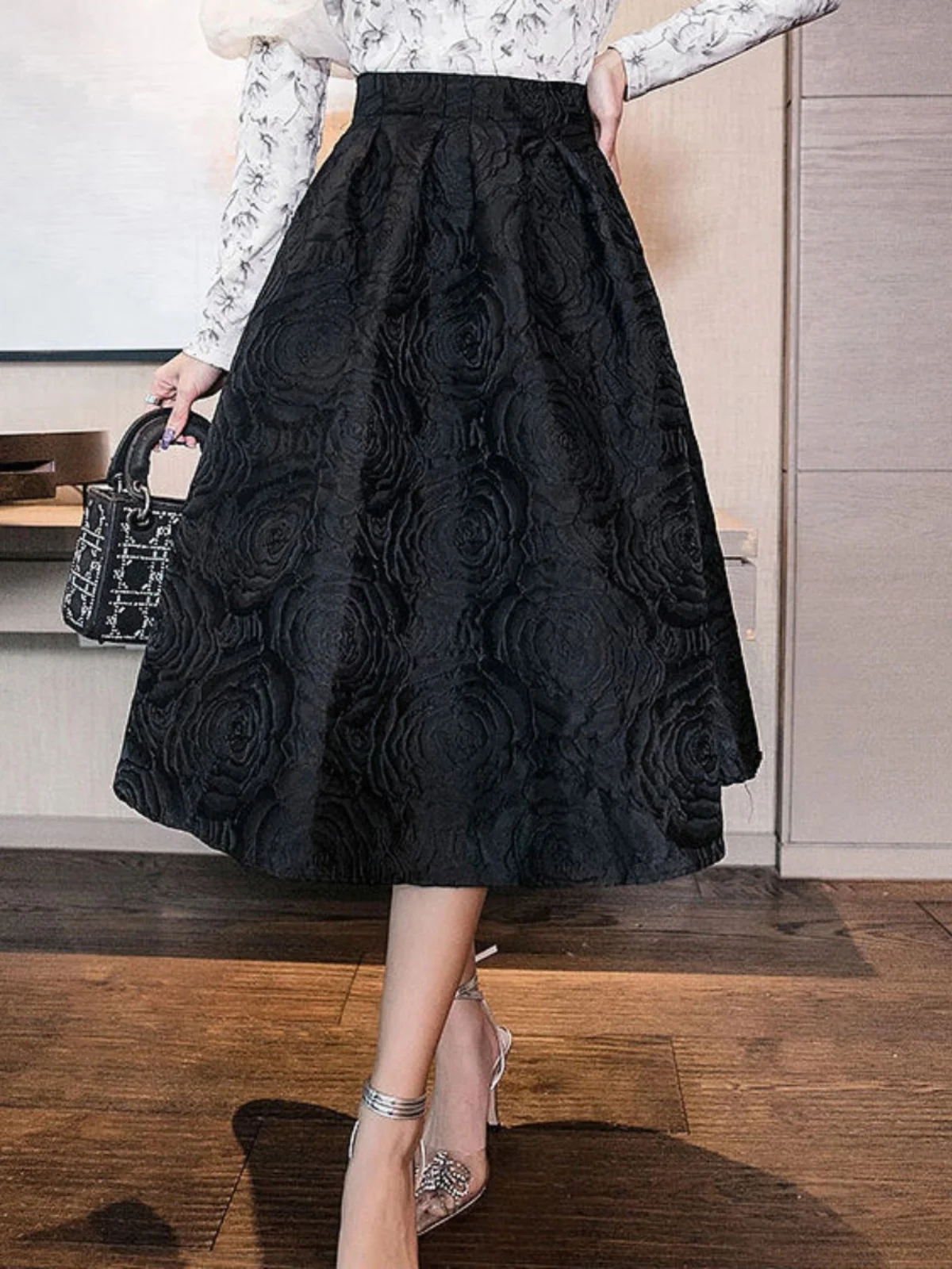 

Hebe Sle High Waist A-Line Skirt Women's Spring Autumn New Flower Embroidery f Body Slimming Umbrella Puffy Skirt