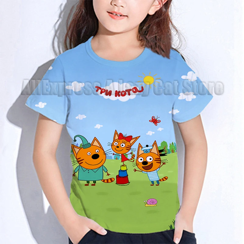 Camiseta de tres gatitos para niño y niña, camisa de manga corta con estampado de dibujos animados, Kawaii, ropa de verano