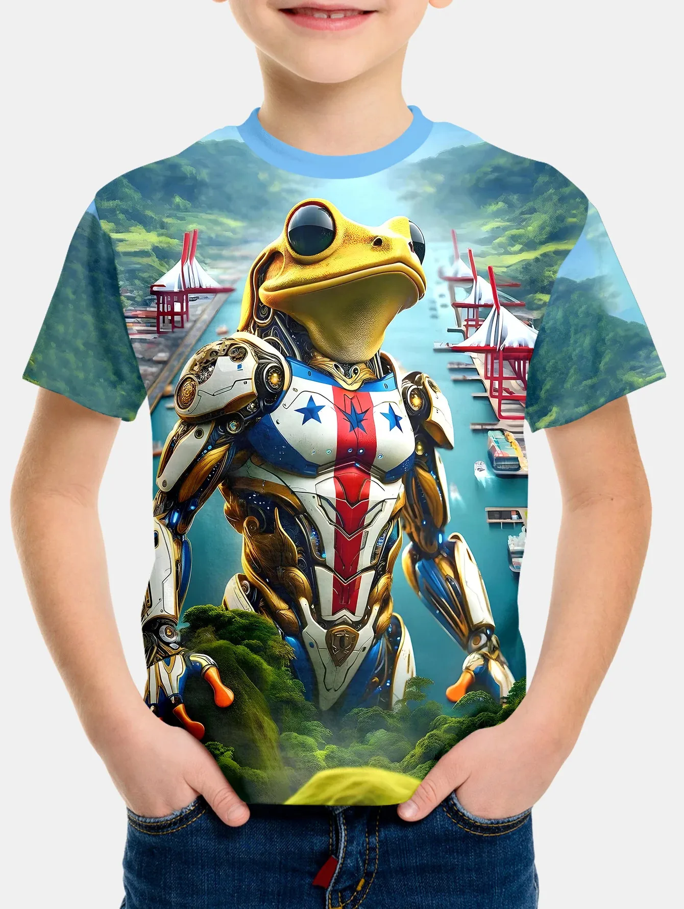 T-shirt do guerreiro cyberpunk para meninos, manga curta, gola O, tops respiráveis casuais, roupas infantis, novo, verão, 2022