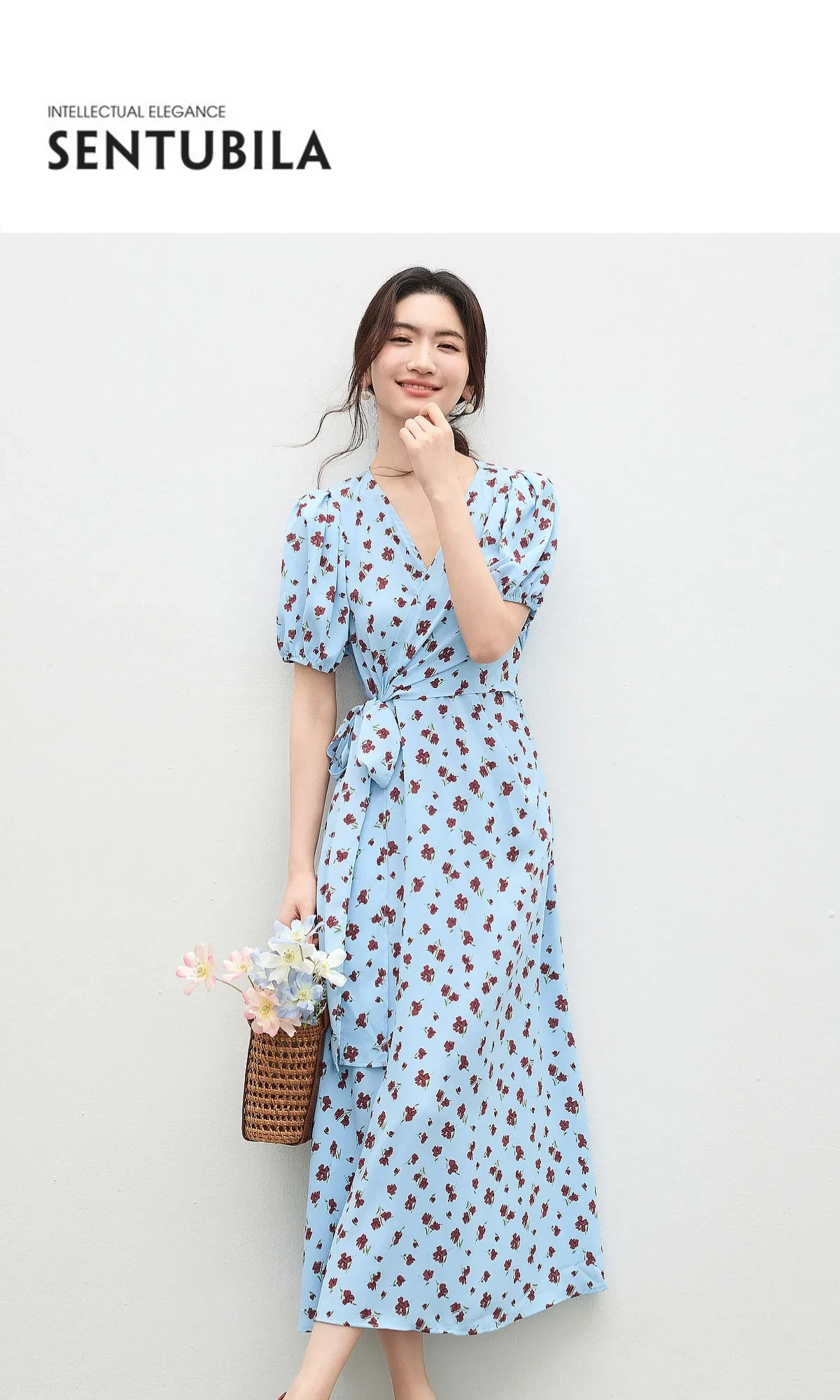 SENTUBILA 2026 Sommer-Blumenkleider für Damen, Französischer V-Ausschnitt, Puffärmel, Elegantes Taillenband, Figurbetontes Bedrucktes Midi-Kleid W62LF7571 – Detail 3