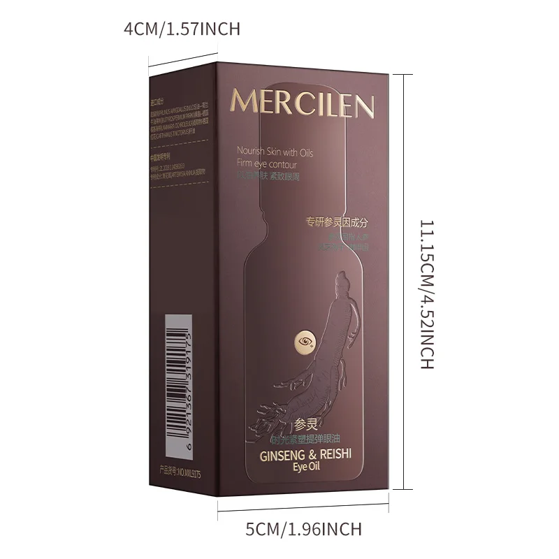 Mercilen Ginseng and Ganoderma Eye Essence Oil 18ml, Contains Caffeine, Plant-Derived Squalane, and Plant Extracts. It Moisturizes, Firms, and Brightens the Eyes, with a Smooth, Cooling Roll-On Application That Fits the Contour of the Eye Area, Quickly Lifts the Skin Around the Eyes, and Bids Farewell to Dullness and Dryness, Increasing Skin Elasticity. It Is Suitable for All Skin Types