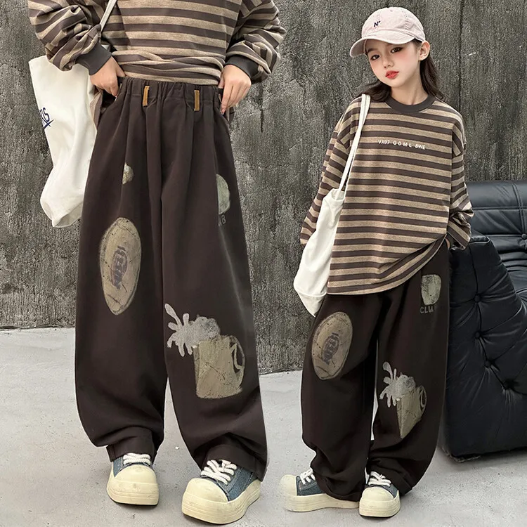 

Baby Girl Clothes Suit Girls Spring and Autumn Set 2024 New Medium and Large Fashion Striped Hoodie Printed Wide-leg 2-piece Set