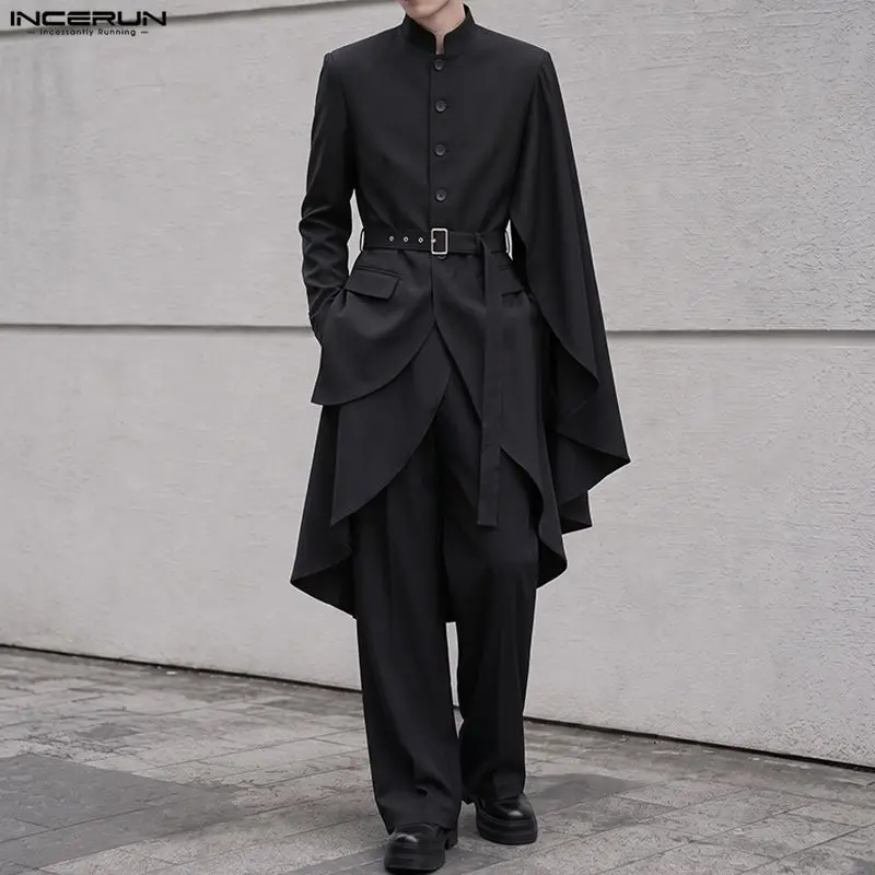 INCERUN Men's Irregular Blazer Solid Ruffle Stand Collar Long Sleeve Male Suits Streetwear Fashion Long Style Blazer For Man