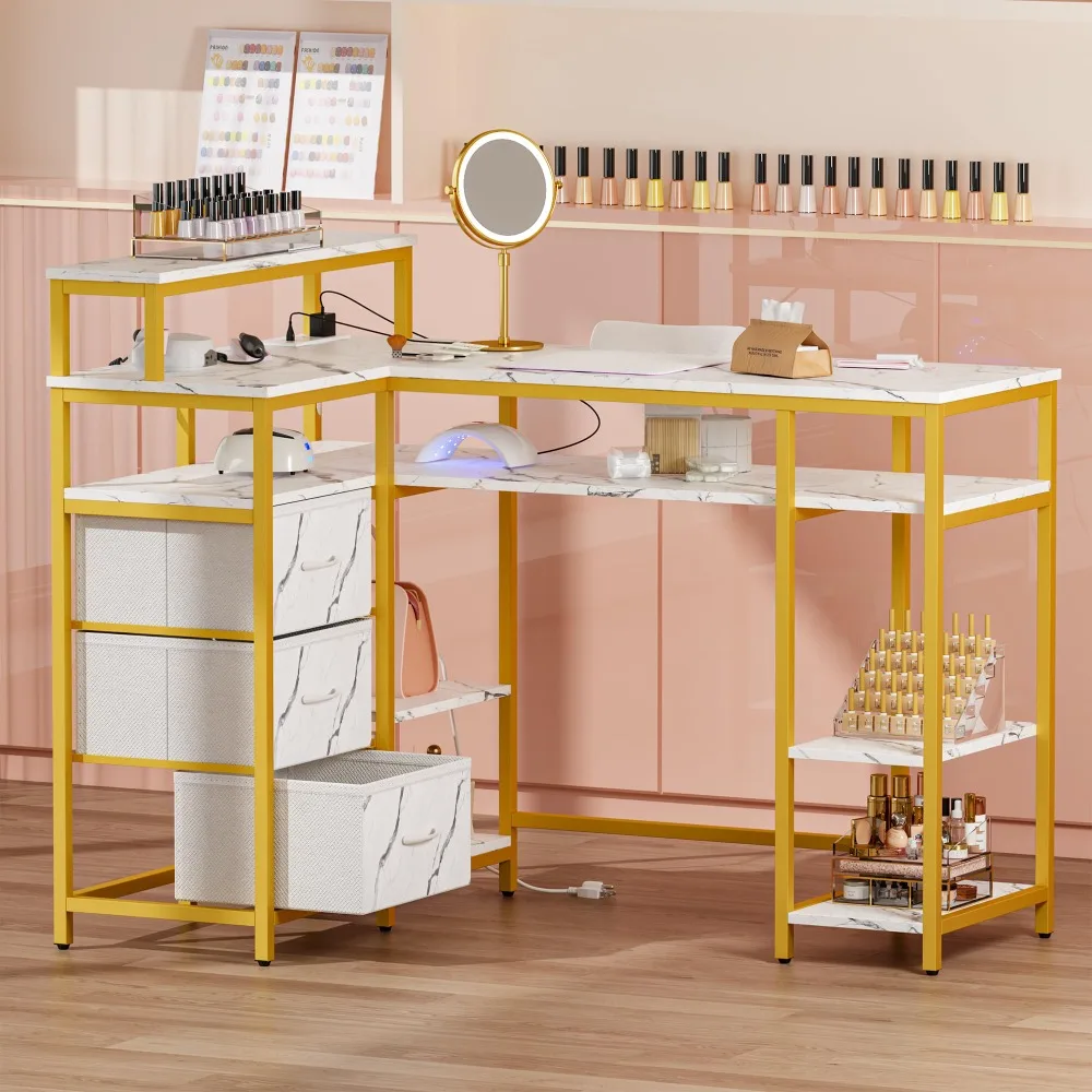 Marbling Texture Manicure Table - Nail Desk with Storage and Power Outlet, Nail Table for Nail Tech, Manicure Desk with