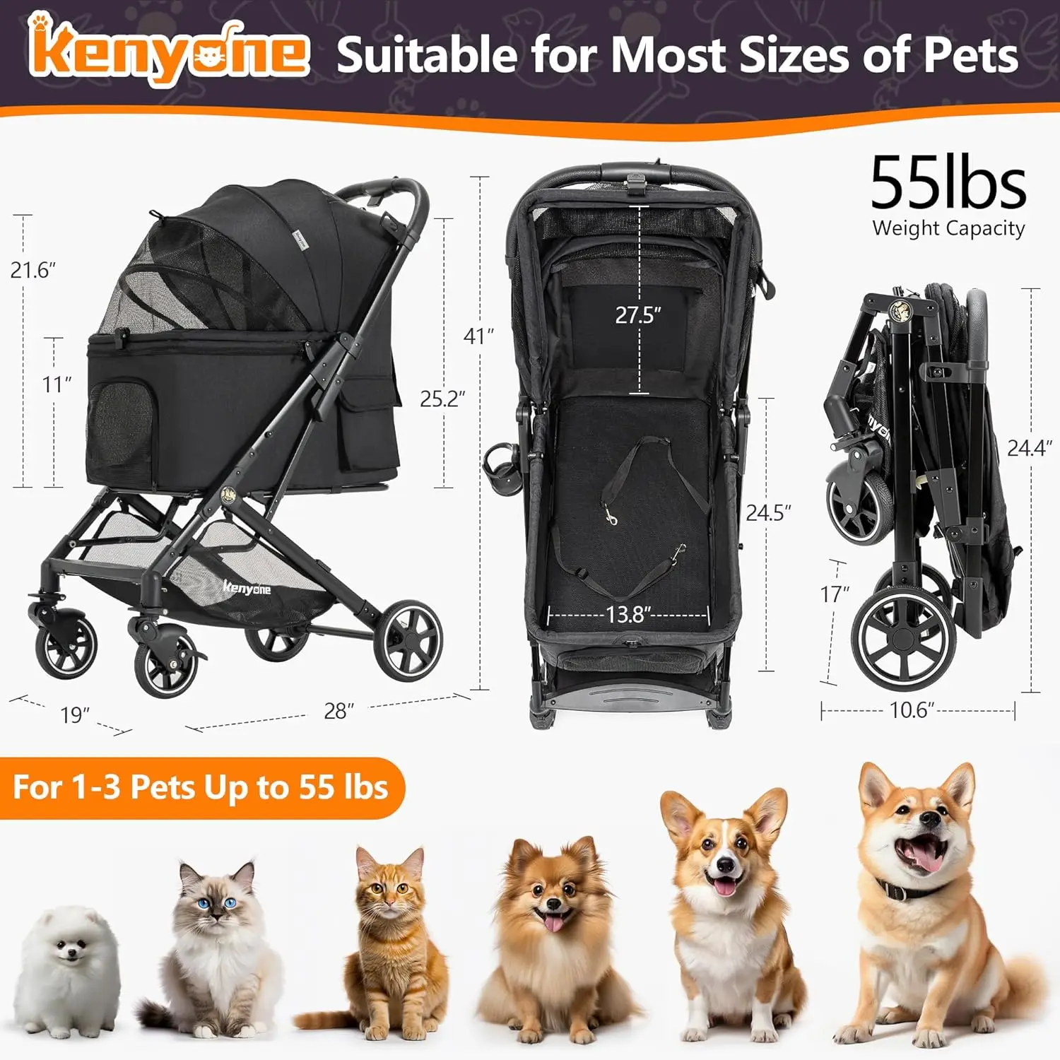 Medium Dog Stroller,Kenyone Pet Stroller for Medium Dogs Up to 55lbs,Lightweight Aluminum Frame,One Click Folding