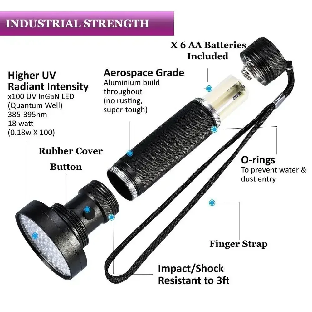 UV Flashlight Blacklight 100LED 18W 395nm Ultraviolet Light Detector Aluminum Handheld Torch Light for Pet Dog Cat Scorpions Bug