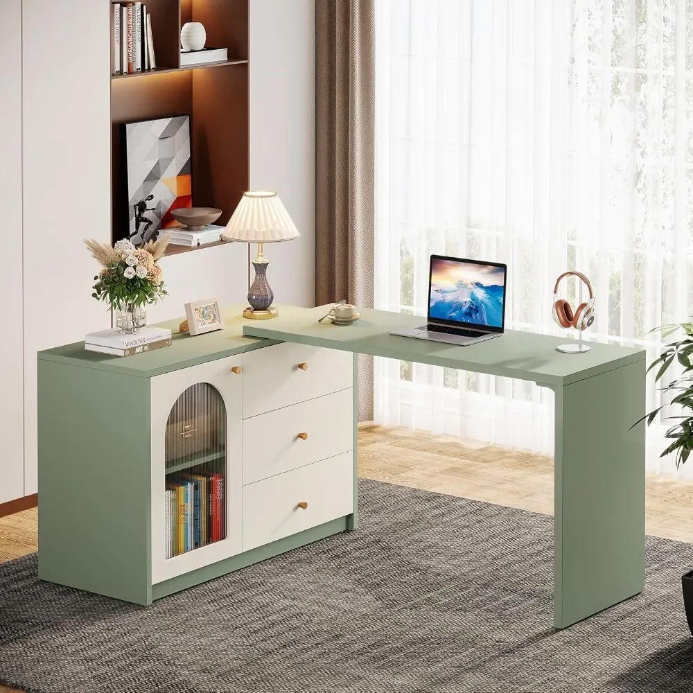 

L-Shaped Computer Desk with Drawers, Modern Corner Home Office Desk with Reversible Storage Cabinet, Long Study