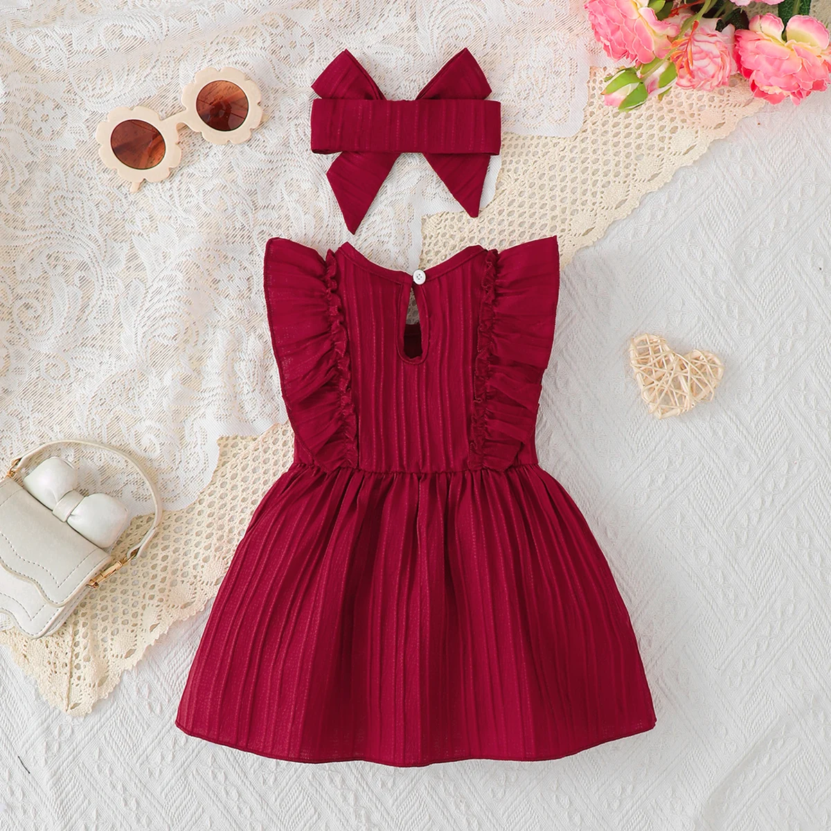 Newborn Baby Girl Dress Christmas Sleeveless Ruffled Bow and Headband for 0-24 Months Cute Baby Girl Summer Dress Baby Clothing