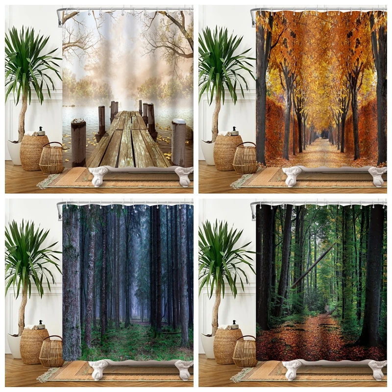 

Natural Forest Landscape Shower Curtain 3D Printed Green Tree Scenery Rainbow Mountain Waterproof Polyester Bathtub Screen