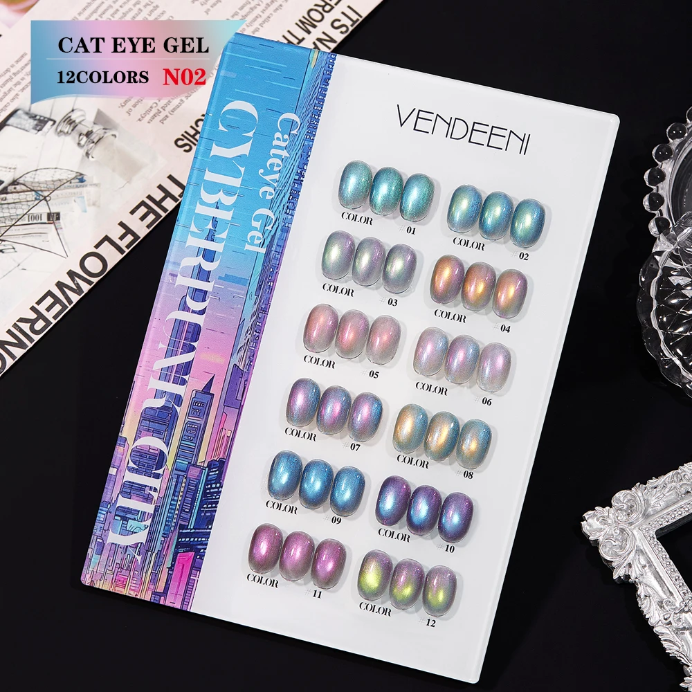 Vendeeni 12 Colors/set Dreamy Aurora Glitter Cat Eye Crystal Gel Nail Polish Purple Glass Beads Gel Varnish With Color Card