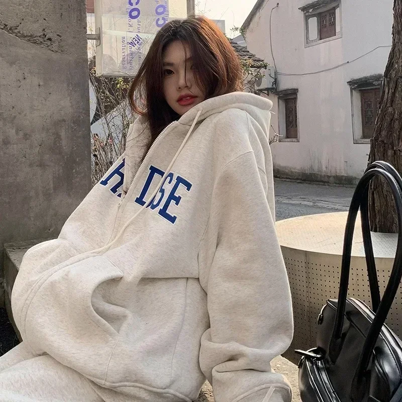 Hip Hop Zip Up Hoodies Women Harajuku Vintage Oversized Sweatshirts Loose Casual All-match Letter Print Y2k Tops Korean Fashion