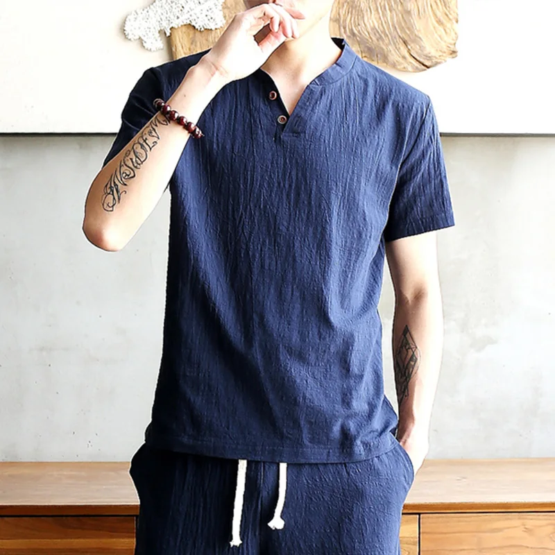 

Loose Fit Linen Cotton T-irt Men's Summer Trendy V-Ne ort Sve Thin Large Size Men's Clothing f Sve Top