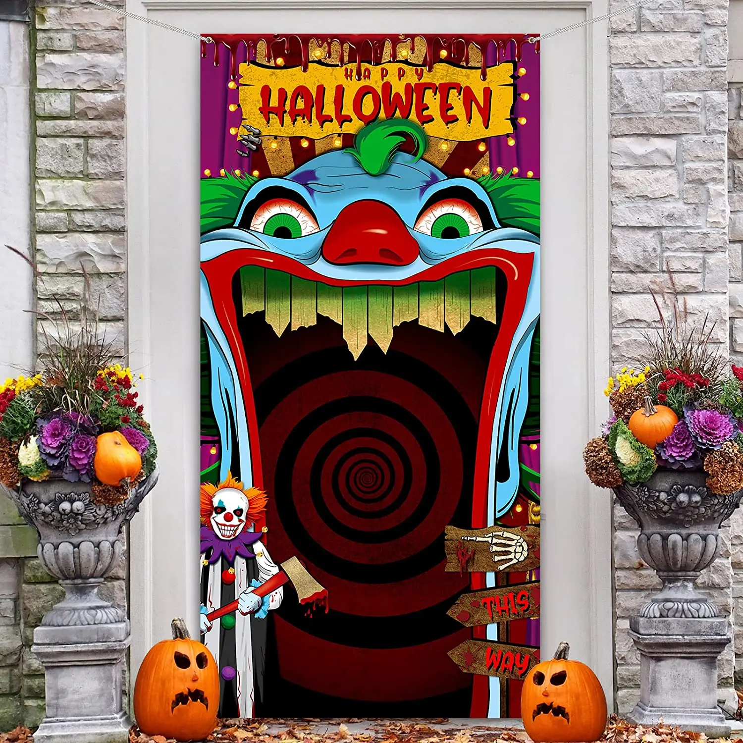 Photography Backdrop Clown Door Scary Carnival Banner Evil Circus Entrance Cover Halloween Party Background Portrait Shooting