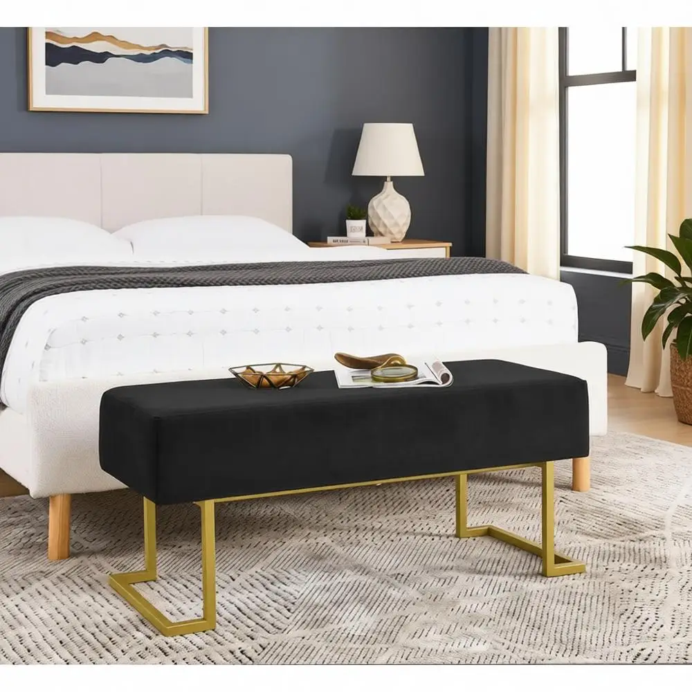 

Cushioned Double Seat Bench with Iron Legs for Bedroom and Living Room (Black, 39.37x15.74x16.53)