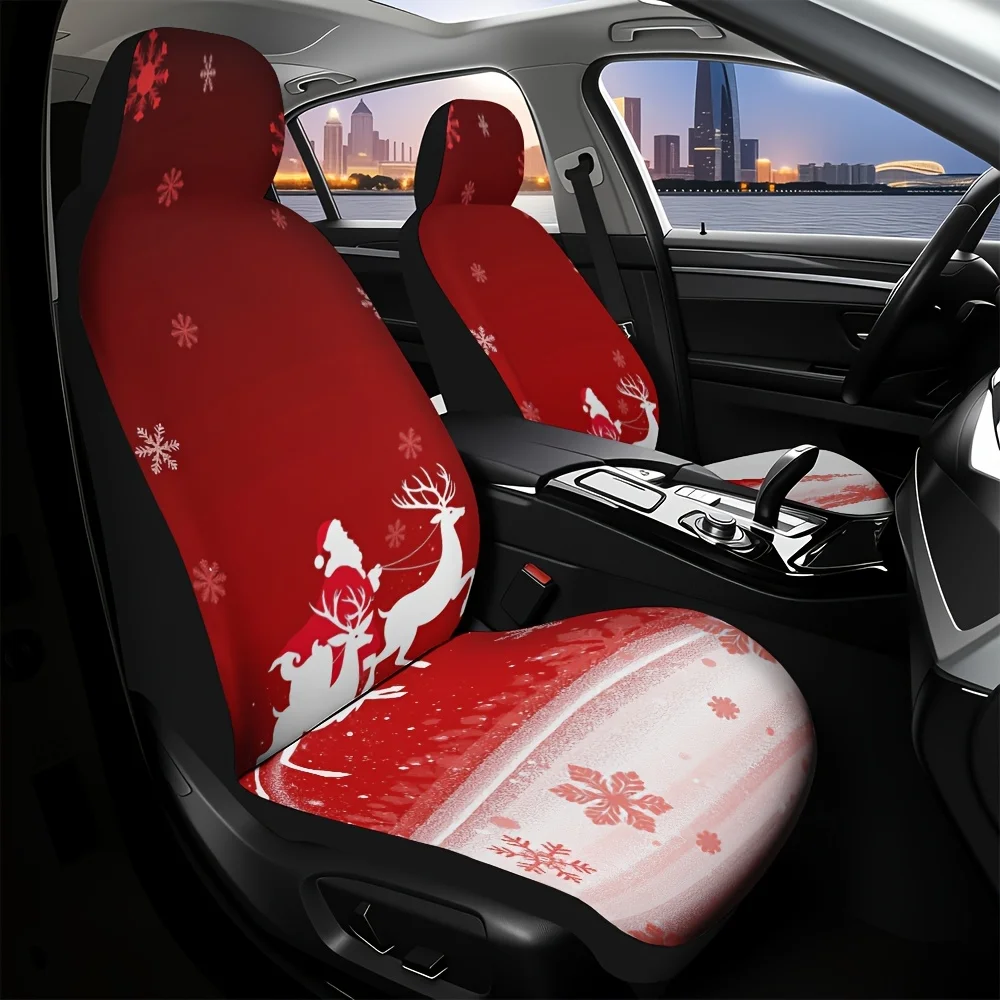 2pcs, Santa Sleigh Reindeer Snowflakes Red Print Car Seat Cover, Machine Washable, Front Seat Covers for Most Vehicles