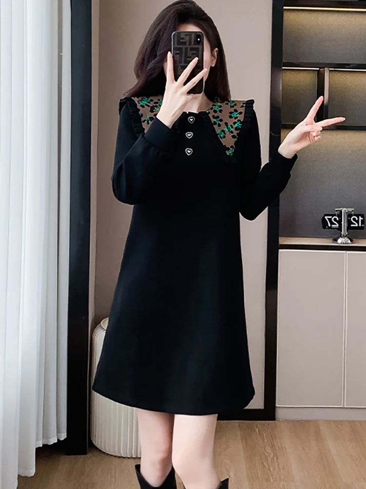 

Black Chic Floral Ruffled Doll Collar Midi Dress for Women 2025 Korean Elegant Chic Kawaii Dress Autumn Winter Long Sleeve Dress