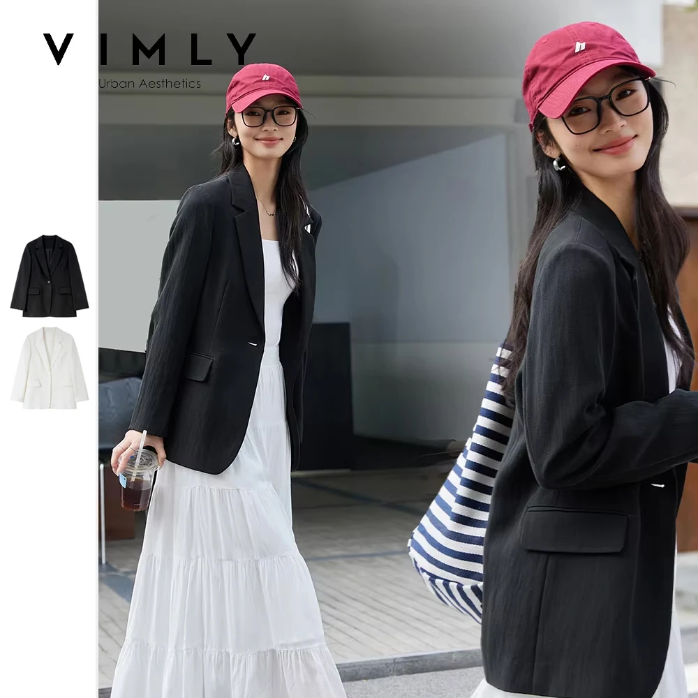 VIMLY المرأة سترة سوداء أنيقة سترة أنيقة تحمل شعار لعبة البيسبول 2025 ربيع الخريف مكتب ارتداء الراقية ملابس خارجية فضفاضة السيدات الملابس A0506