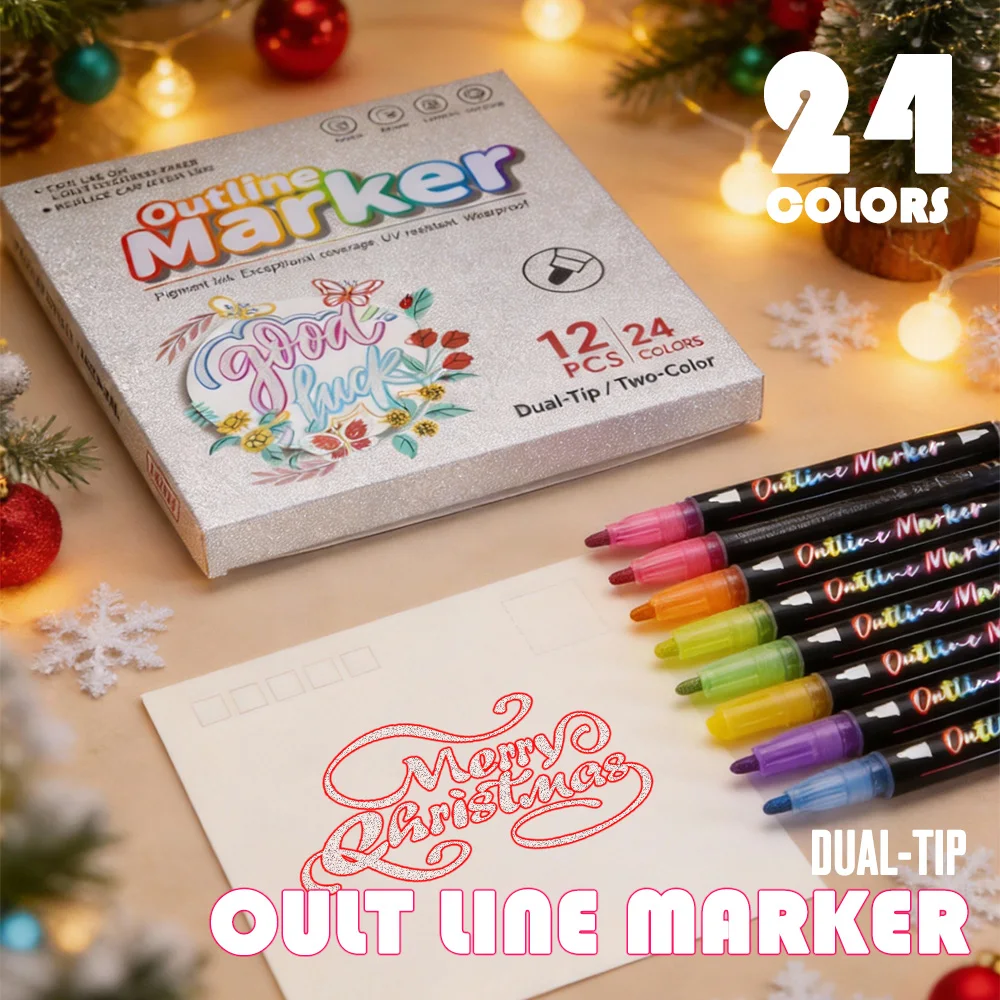 12Pcs Dual Colors Outline Markers Set Waterprof Uv Resistant DIY Crafts Graffiti Journaling Creative Art DIY Home School Tool