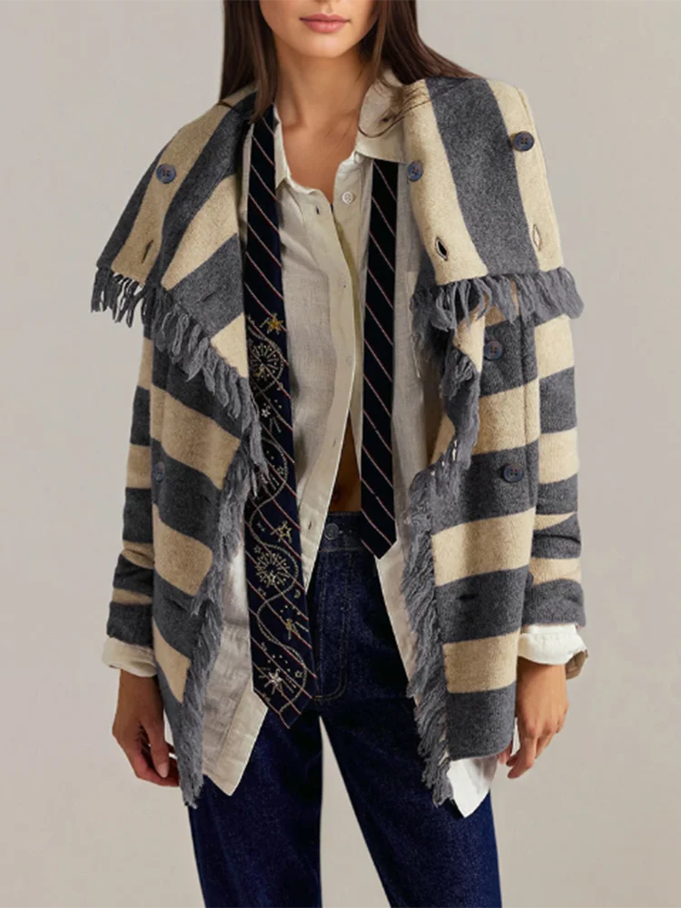 Casual Double Breasted Outwear Vintage Stripe Printed Long Sleeve Knitted Coat Elegant Lady Irregular Slim Commute Woolen Jacket