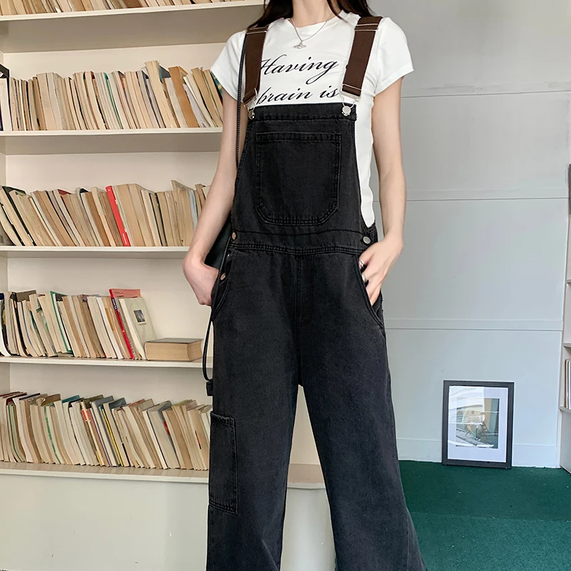 

Chic Design Black Denim Overalls 2023 Spring Autumn Fashion Loose Wide Leg Jeans Casual Women Jumpsuits Streetwear