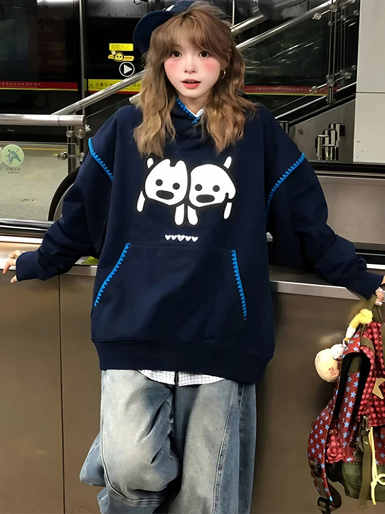 

Retro American Fce Lined Hoodie Women's Loose Long Sve Dog Cartoon Print Comfortable Slimming Heavy Du Sweatirt