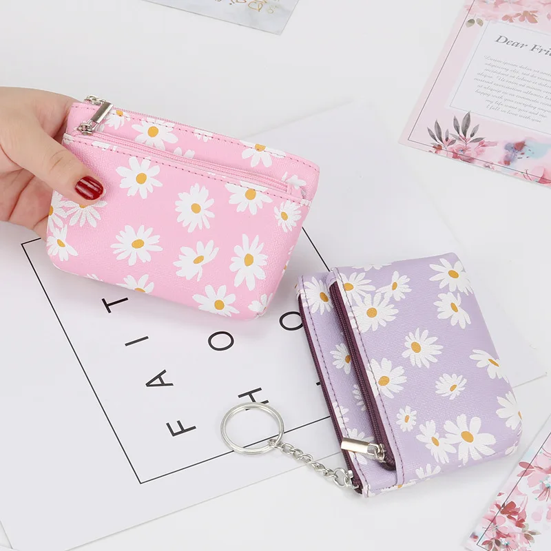 Daisy Print Coin Purse Women Mini Wallets Clutch with Zipper Keychain Small Coin Pouch Bag Female Pouch Key Card Holder Wallet