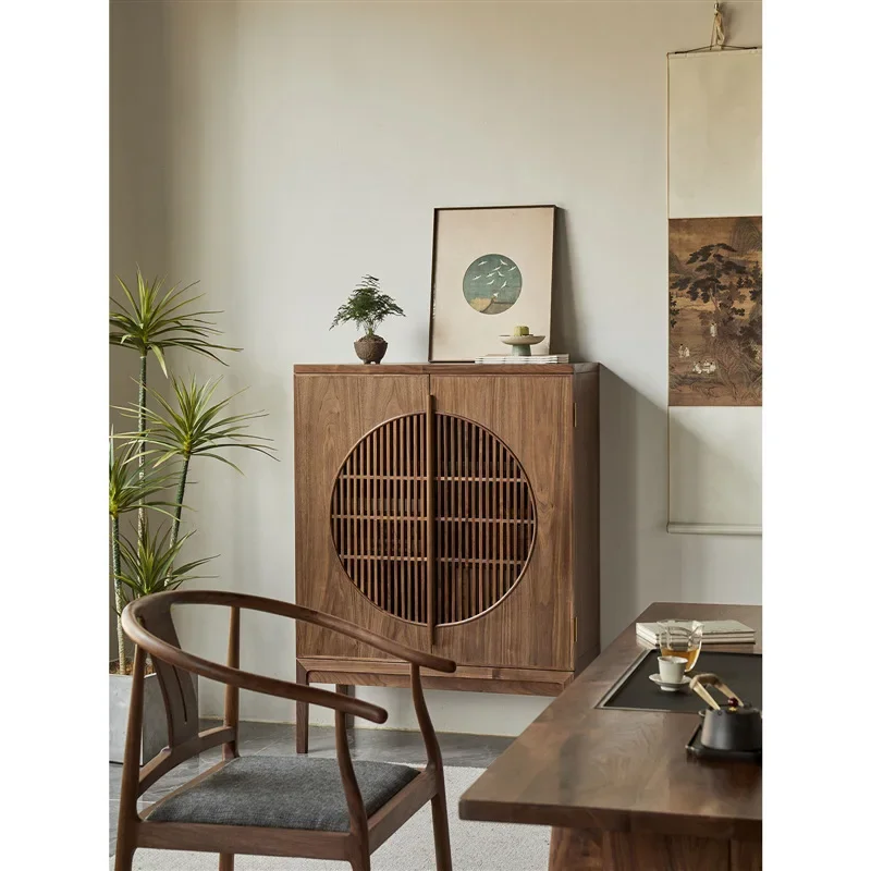 New Chinese shoe cabinet, side cabinet, entrance cabinet, black walnut furniture, log solid wood bookcase, foyer cabinet