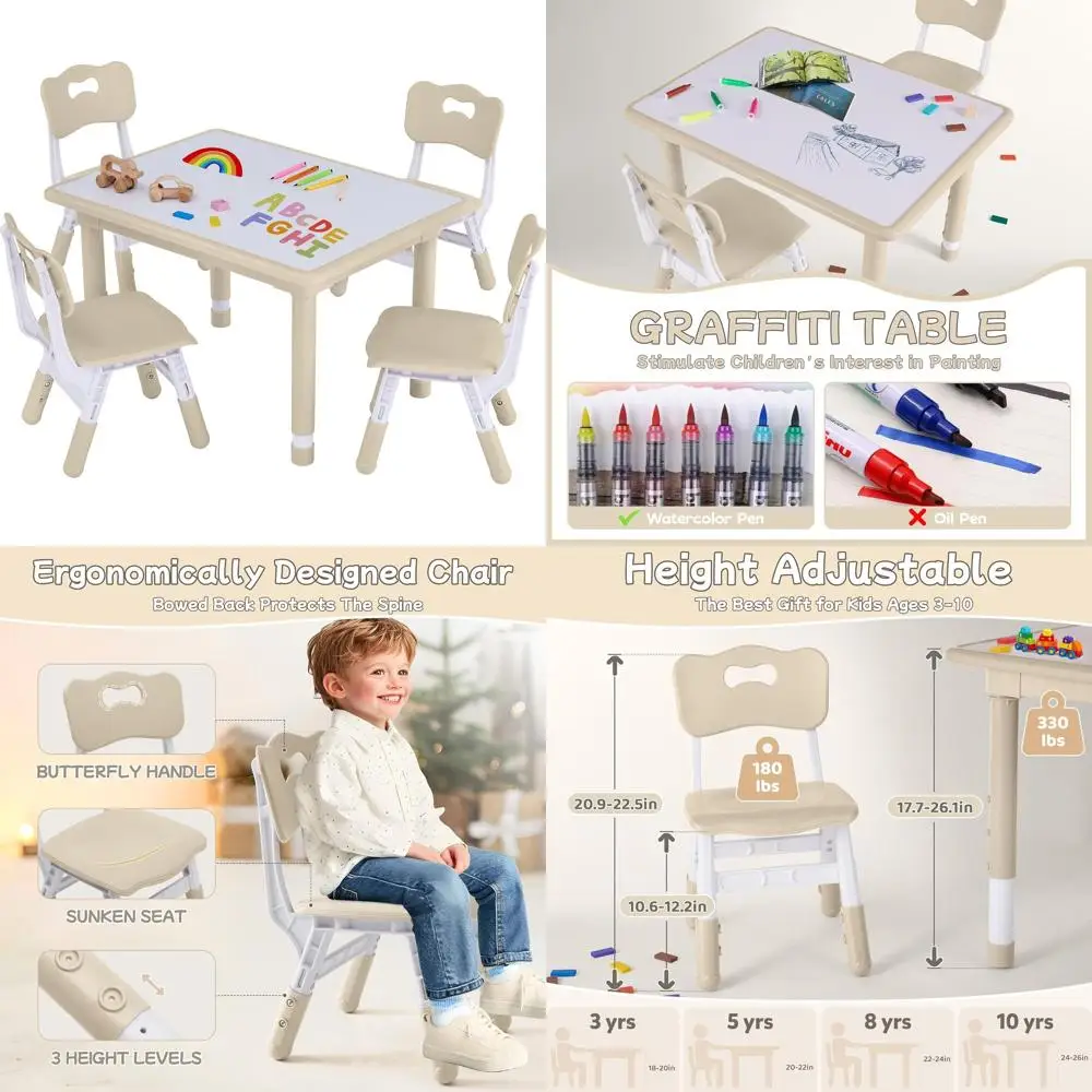 

Height-Adjustable Kids Table and 4 Chairs for Ages 3-8, Multi-Functional Play Table with Graffiti-Resistant Surface for Home or