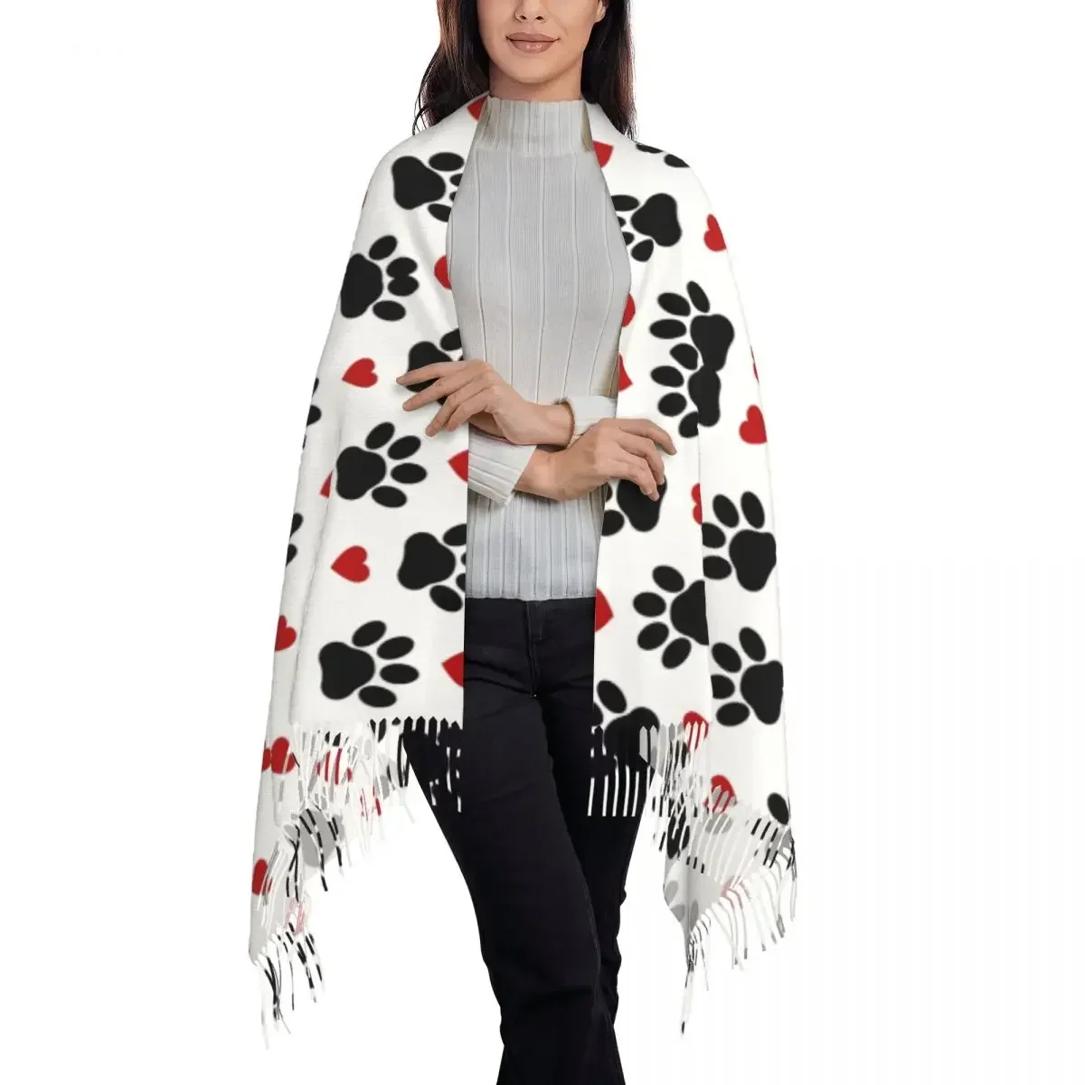 Fashion Pattern Of Dog Paw Tassel Scarf Women Winter Warm Shawl Wrap Female Black Paws Red Hearts Scarves