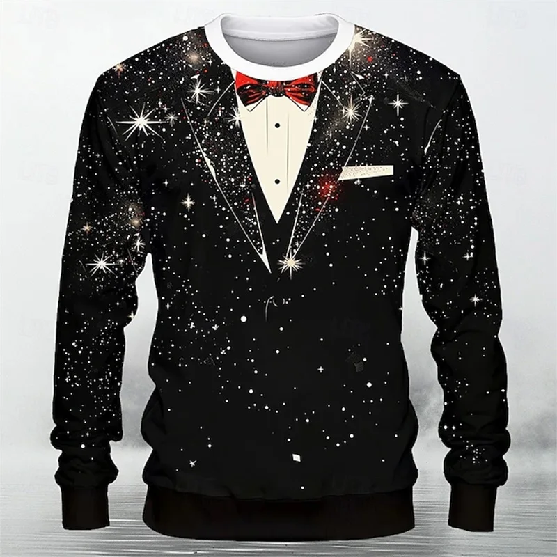 New Year Christmas Men's Crewneck Sweatshirts 3D Printing Bow Tie Cosplay Long Sleeve Pullovers Hoodie New In Mens Party Costume