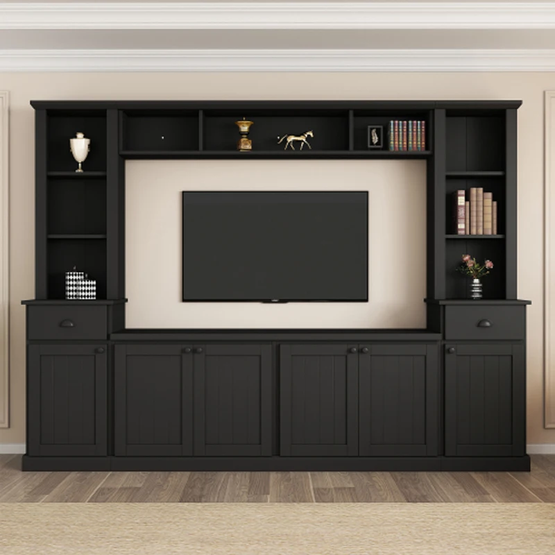 ON-TREND Minimalist Entertainment Wall Unit Set with Bridge for TVs Up to 75'', Ample Storage Space TV Stand, Black