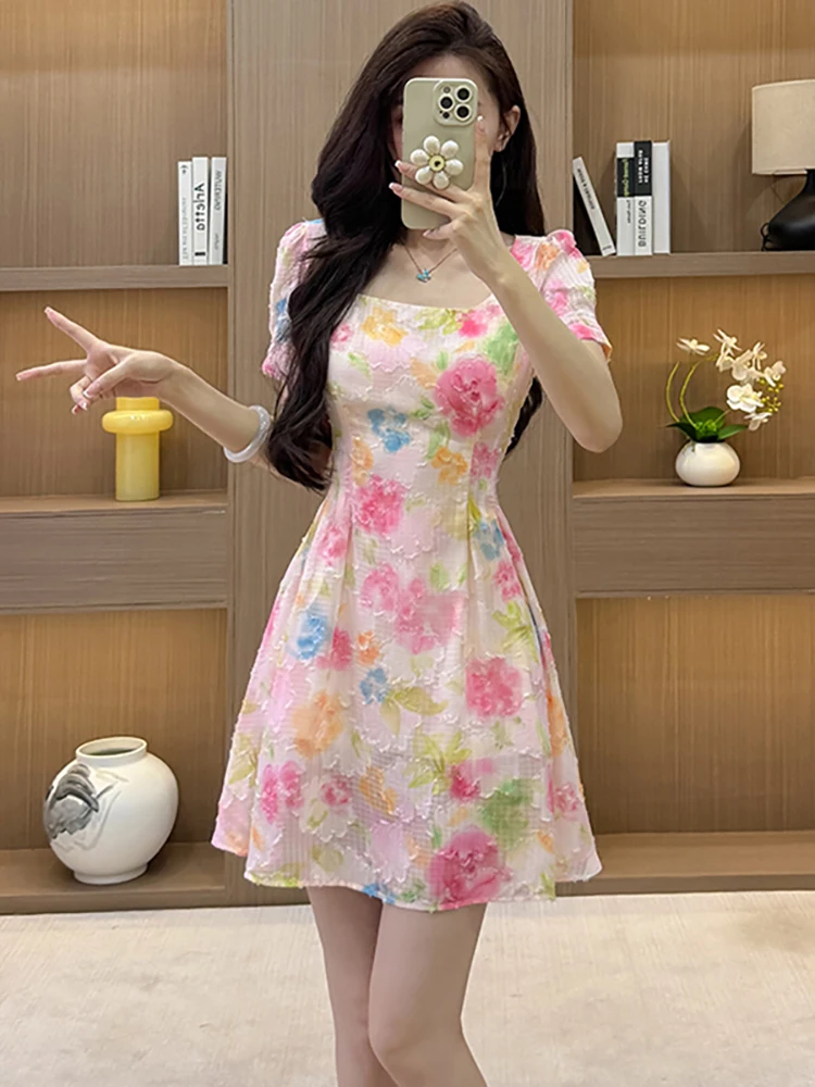 Summer Pink Jacquard Floral Short Sleeve Square Collar Dress Women Elegant Chic A-Line Short Dress 2026 Korean Bodycon Vestidos