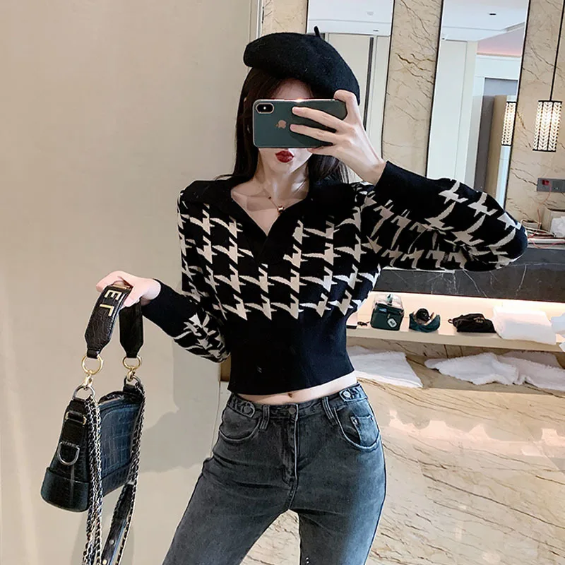 Woman Sweaters Pullover Houndstooth Peter Pan Collar Pullover Top Autumn Waist Trimming Short Outer Women Femme Chandails