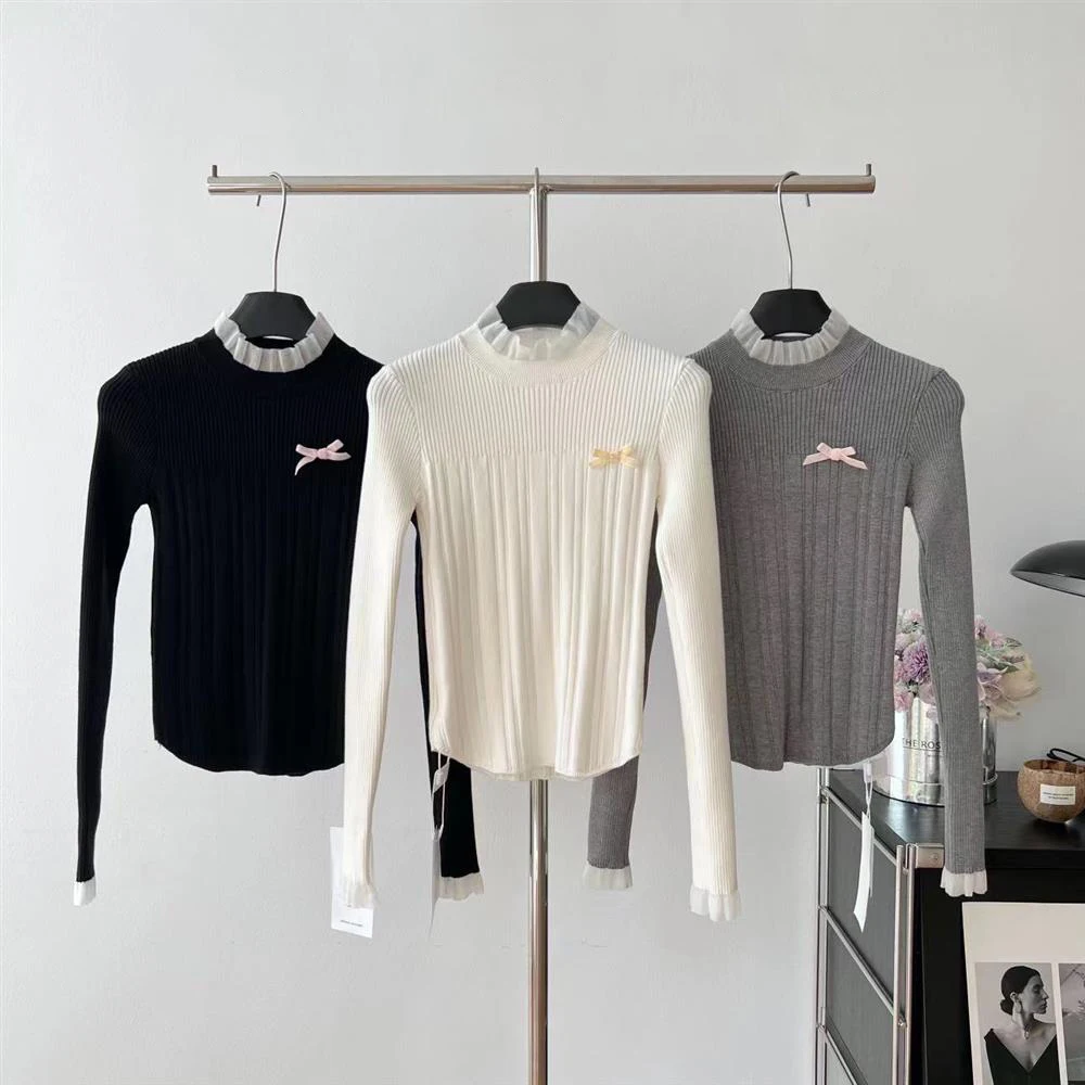 เสื้อสเวตเตอร์ถักแบบสวมหัวผูกโบว์แนวย้อนยุคสำหรับผู้หญิงเสื้อผ้าแฟชั่นสตรีทรงสลิมฟิต cewek seksi หวานสำหรับฤดูใบไม้ร่วง/ฤดูหนาว