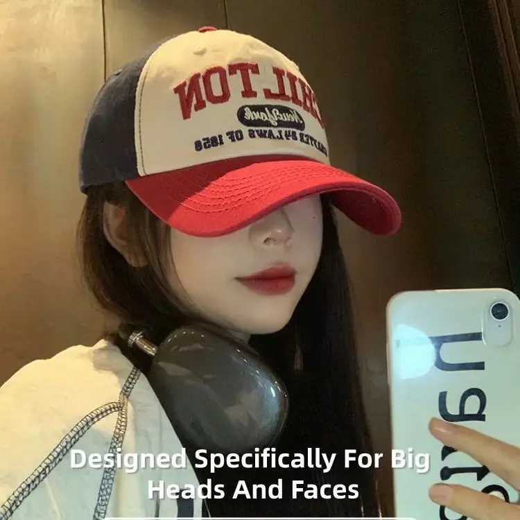 Patchwork Baseball Cap Women Embroidered Baseball Cap Wide-Brimmed Duckbill Cap Large Head Circumference