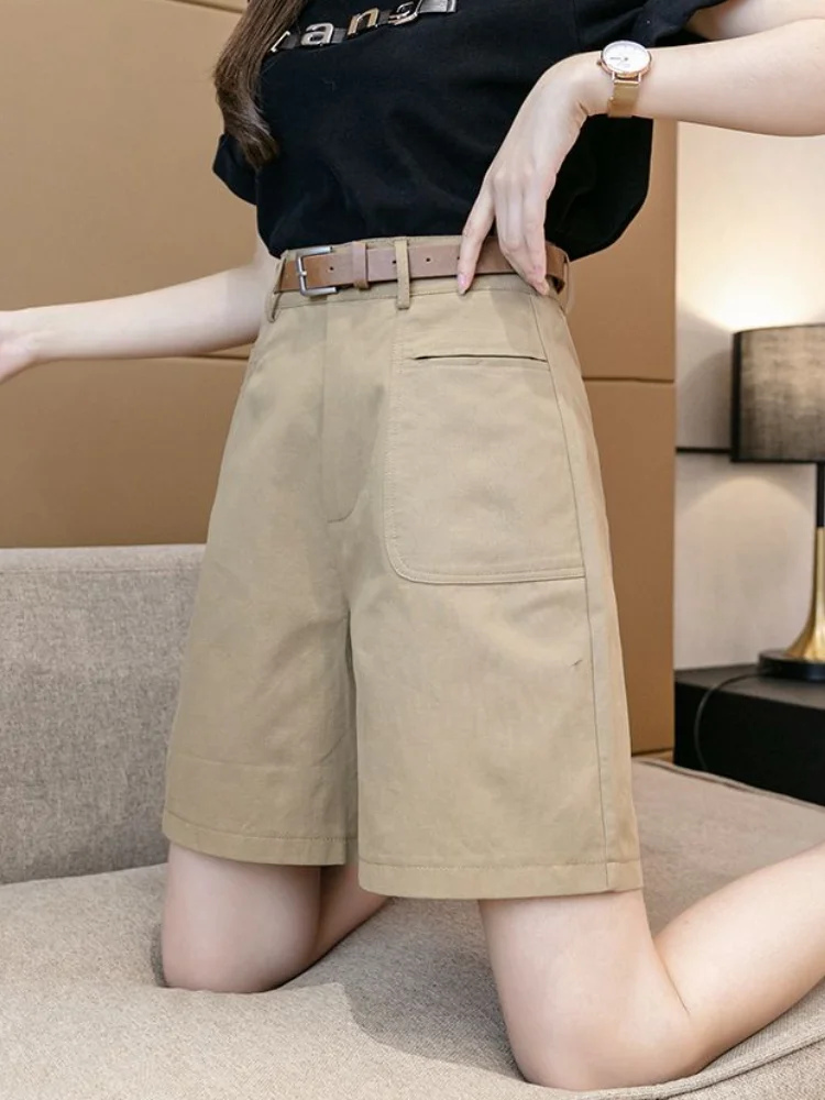 Summer New Cotton Versatile Work Straight Shorts High-waisted A Word Five-minute Pants Loose Korean Casual Pants （with A Belt）