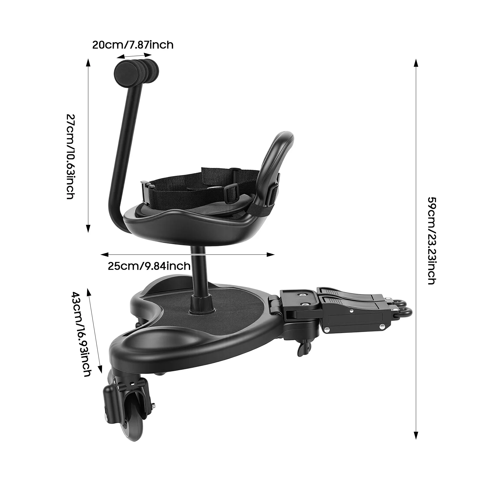 Universal Stroller Standing Board PC PVC Iron Frame 55.12LBS Load Adjustable Connect Bar Dual Shock-absorbing Wheel Removable Seat Safety Belt Outdoor Two-child Family Travel Stroller Attachment