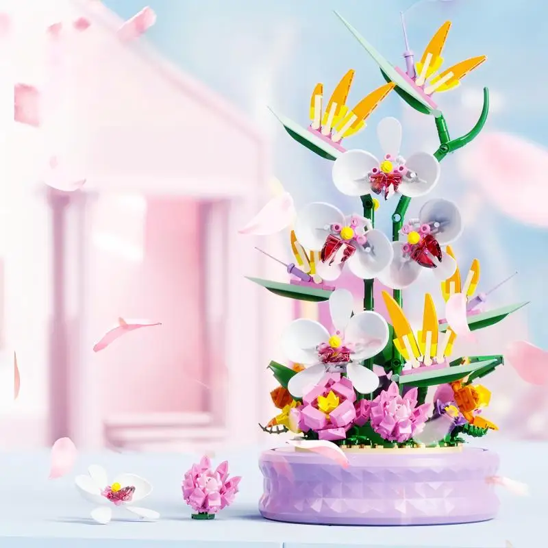 Mixed Flower Building Bricks, Rotatable Base Design, DIY Model, Tabletop Decor, Great Gift For Hobby Collectors.