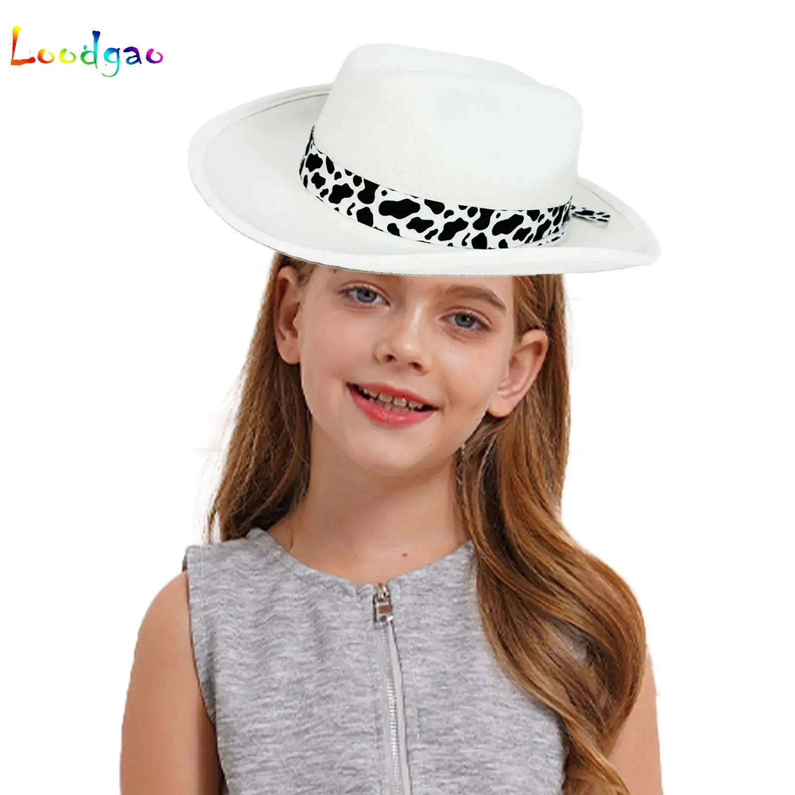 

New Kids Western Cowboy Hat Wide Brim Cow Printed Belt Outdoor Sun Hat Children Birthday Gifts Vacation Cap Party Cosplay Hat